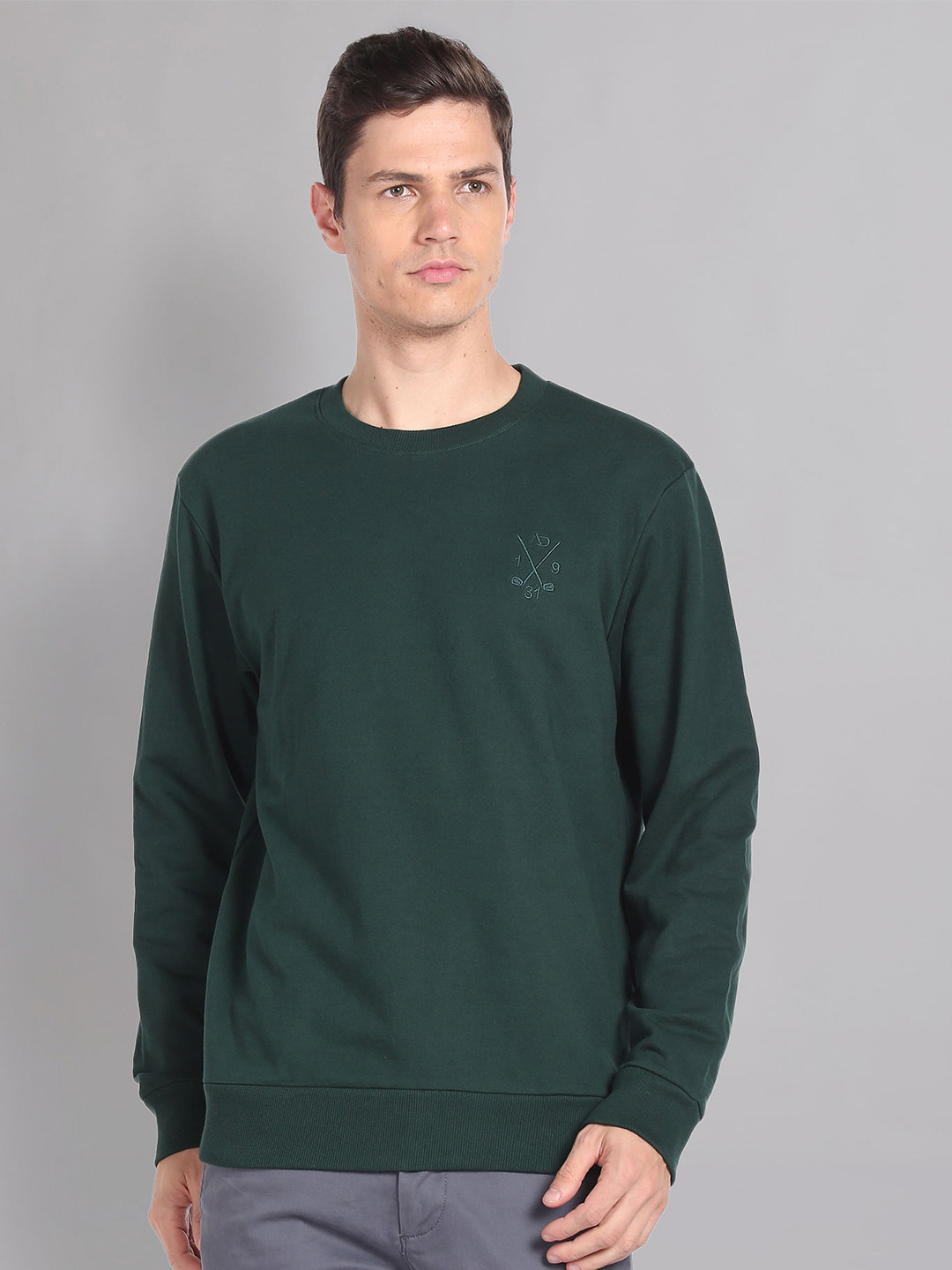 AD By Arvind Round Neck Cotton Pullover Sweatshirt, Green 
AD By Arvind Round Neck Cotton Pullover Sweatshirt, Green