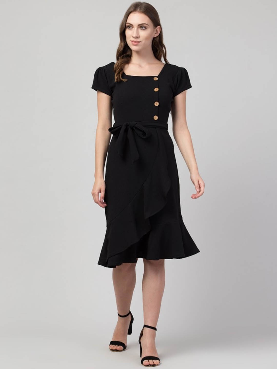 Moshe Square Neck Puff Sleeves Ruffles Detail A-Line Dress, Black