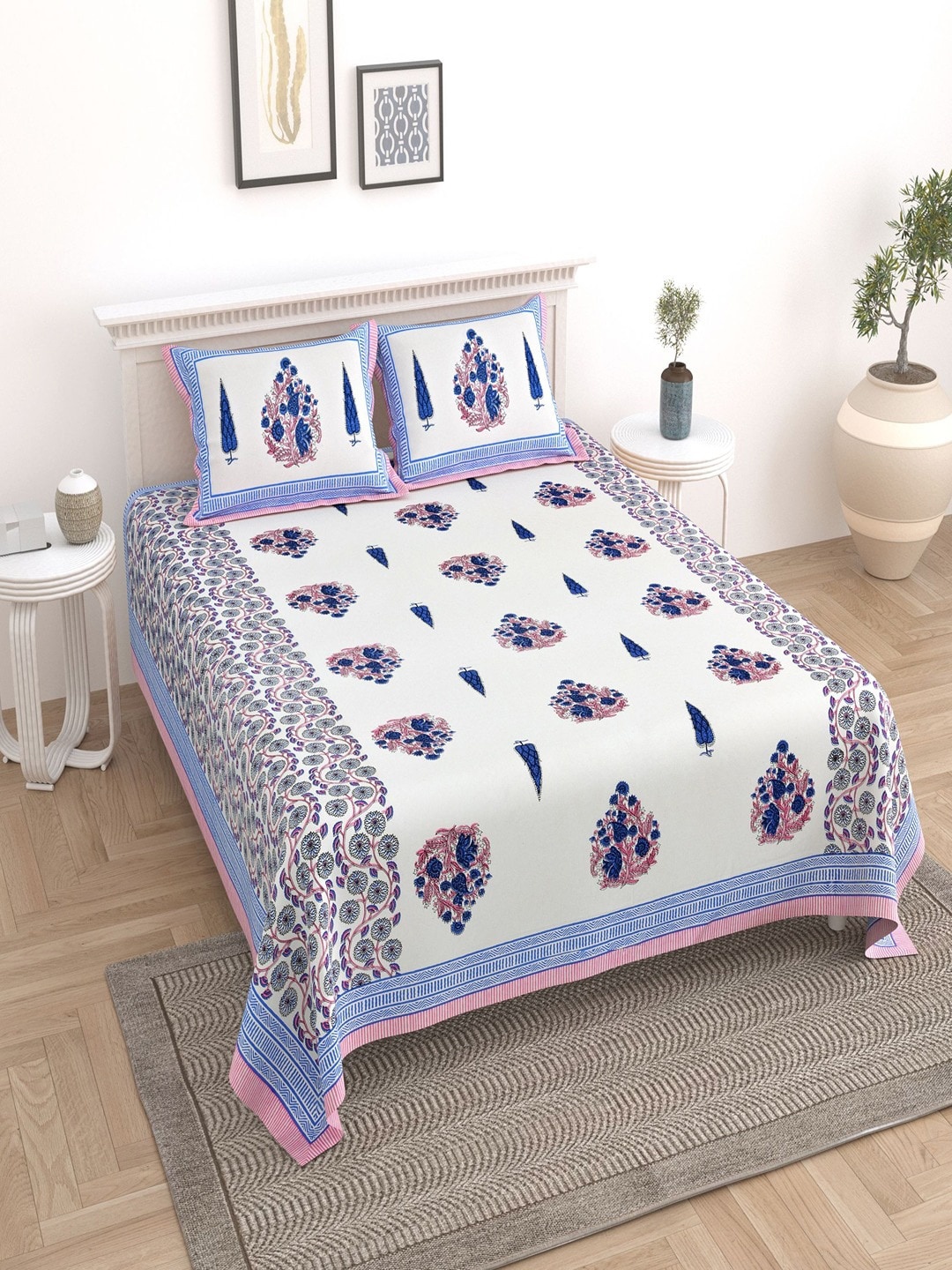 UNIQCHOICE White & Blue Ethnic Motif Pure Cotton 180 TC King Bedsheet with 2 Pillow Covers
UNIQCHOICE White & Blue Ethnic Motif Pure Cotton 180 TC King Bedsheet with 2 Pillow Covers