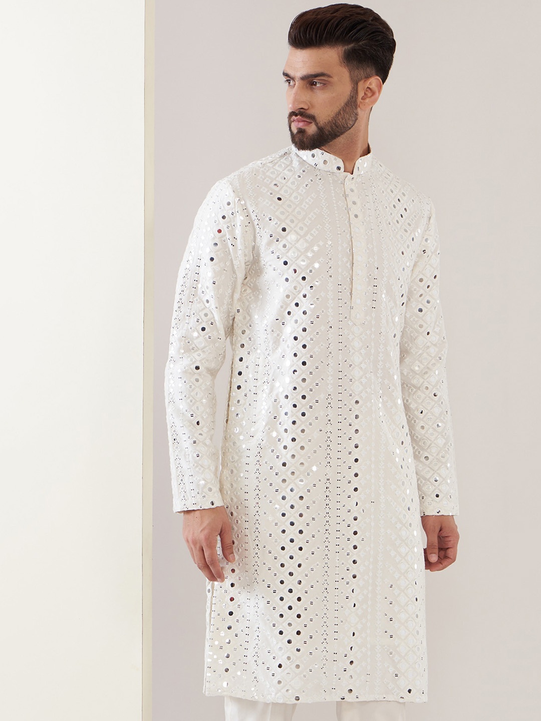 KASBAH CLOTHING NISHCHAIY SAJDEH Geometric Embroidered Mirror Work Silk Kurta, White
KASBAH CLOTHING NISHCHAIY SAJDEH Geometric Embroidered Mirror Work Silk Kurta, White