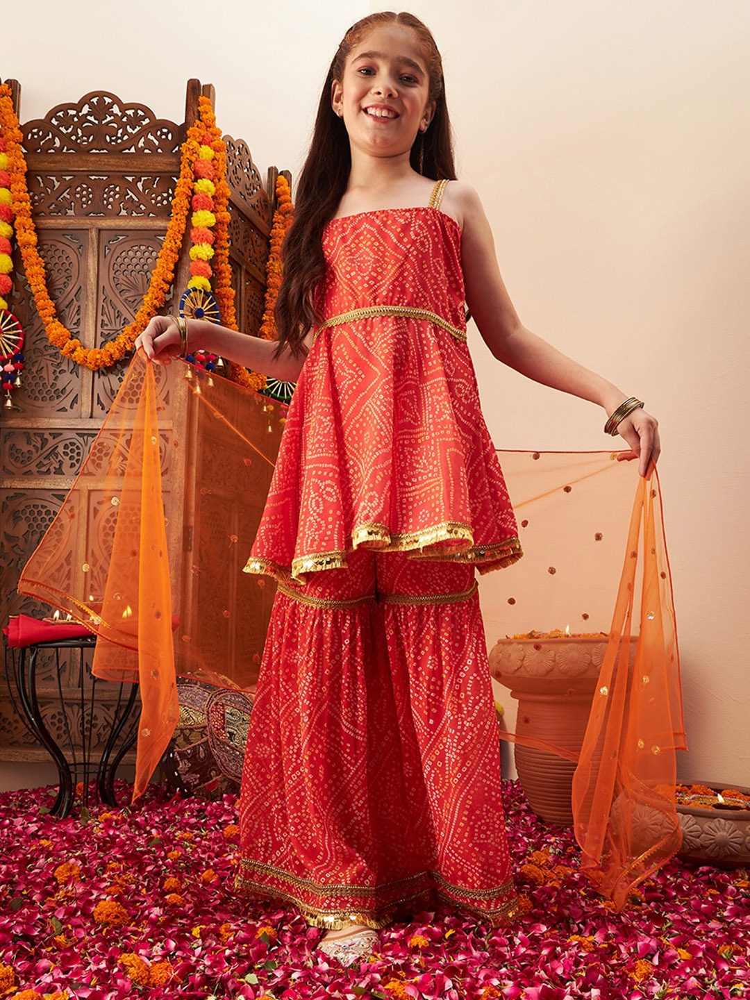 Cherry & Jerry Girls Bandhani Printed Gotta Patti A-Line Kurta With Sharara & Dupatta, Orange
Cherry & Jerry Girls Bandhani Printed Gotta Patti A-Line Kurta With Sharara & Dupatta, Orange