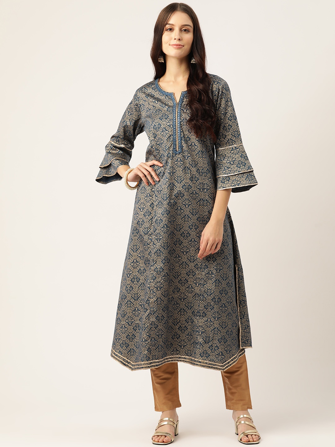 Rue Collection Women Ethnic Motifs Printed Bell Sleeves Cotton Mirror Work Kurta, Navy blue
Rue Collection Women Ethnic Motifs Printed Bell Sleeves Cotton Mirror Work Kurta, Navy blue