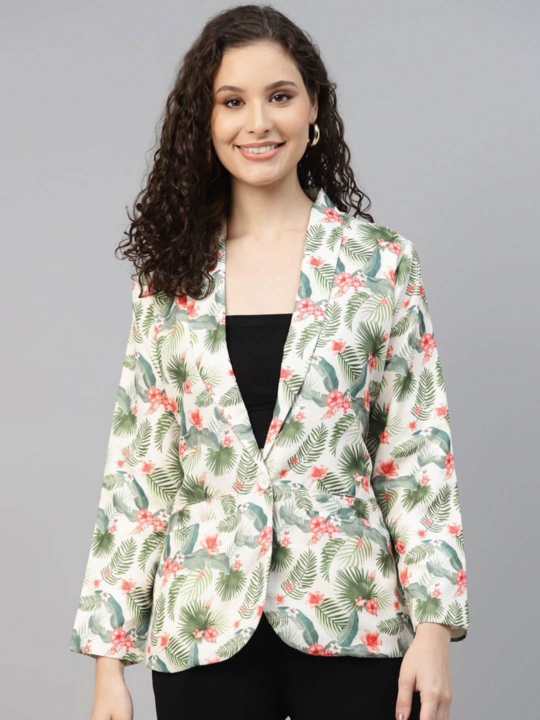 DEEBACO Tropical Printed Shawl Collar Cotton Single-Breasted Blazer, Off white
DEEBACO Tropical Printed Shawl Collar Cotton Single-Breasted Blazer, Off white