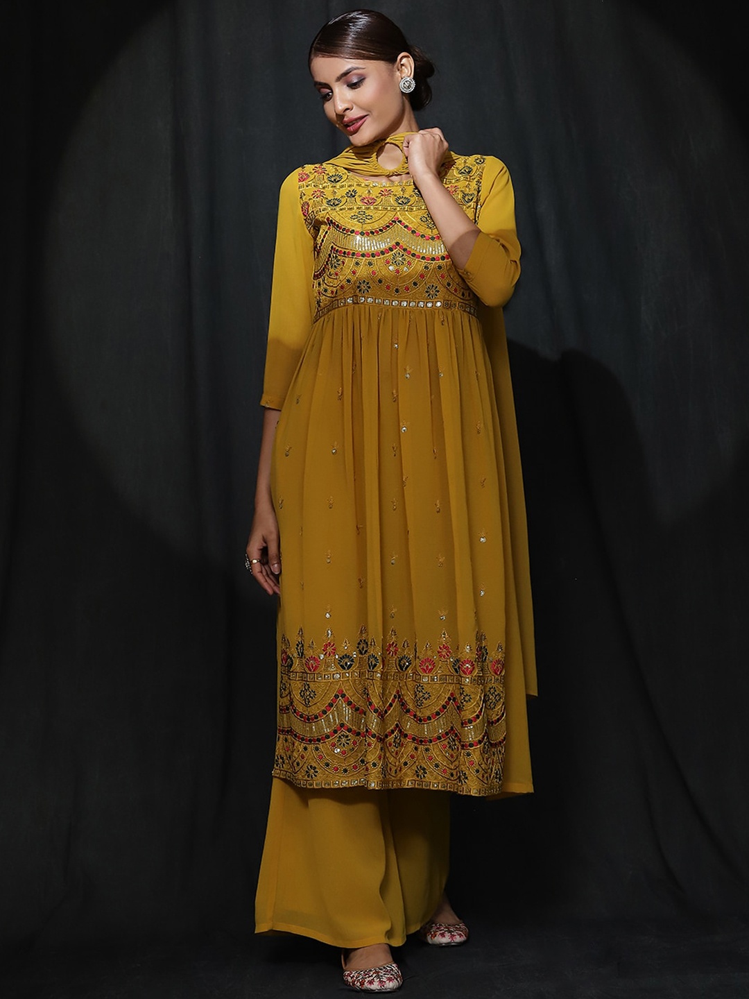AKS Couture Ethnic Motifs Embroidered A-Line Sequinned Kurta With Palazzos & Dupatta, Yellow
AKS Couture Ethnic Motifs Embroidered A-Line Sequinned Kurta With Palazzos & Dupatta, Yellow