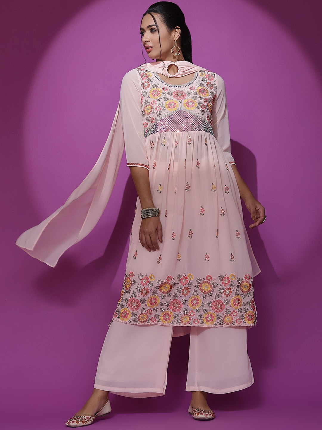 AKS Couture Ethnic Motifs Embroidered A-Line Sequinned Kurta With Palazzos & Dupatta, Peach
AKS Couture Ethnic Motifs Embroidered A-Line Sequinned Kurta With Palazzos & Dupatta, Peach
