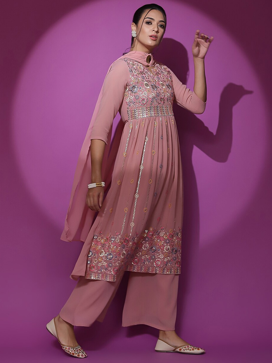 AKS Couture Ethnic Motifs Embroidered Sequinned Straight Kurta & Palazzos With Dupatta, Pink
AKS Couture Ethnic Motifs Embroidered Sequinned Straight Kurta & Palazzos With Dupatta, Pink