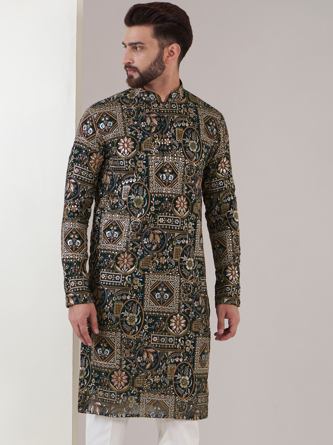 KASBAH CLOTHING NISHCHAIY SAJDEH Floral Printed Mandarin Collar Straight Kurta, Green
KASBAH CLOTHING NISHCHAIY SAJDEH Floral Printed Mandarin Collar Straight Kurta, Green