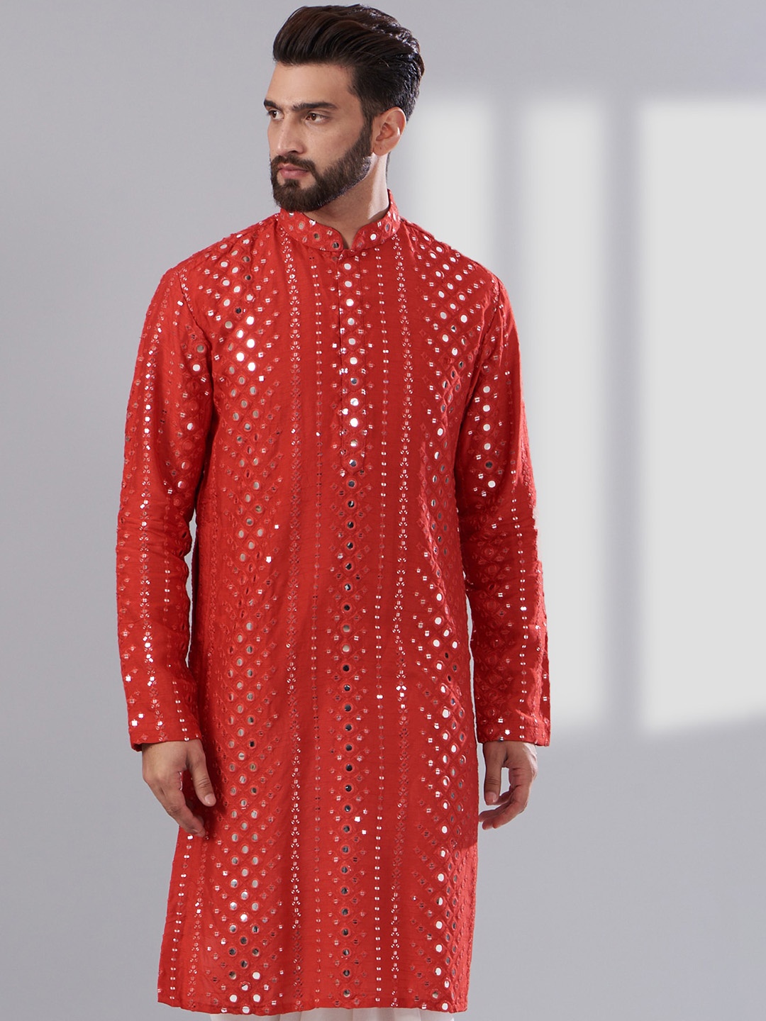 KASBAH CLOTHING NISHCHAIY SAJDEH Geometric Embroidered Mirror Work Silk Straight Kurta, Red
KASBAH CLOTHING NISHCHAIY SAJDEH Geometric Embroidered Mirror Work Silk Straight Kurta, Red