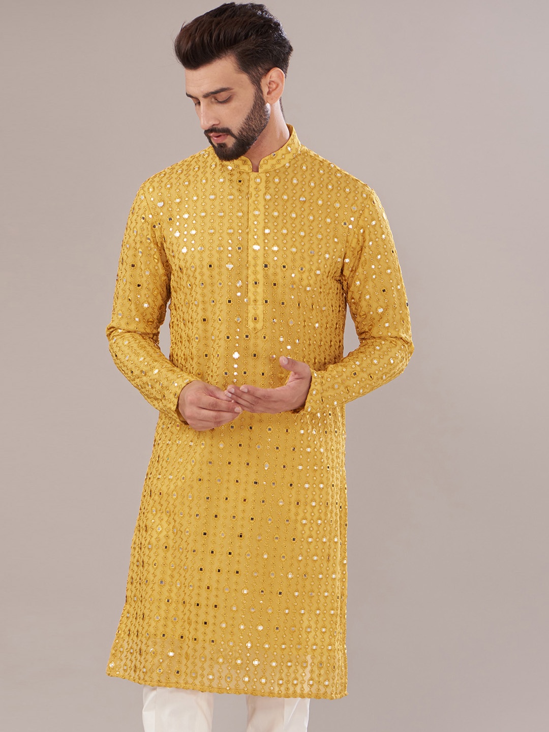 KASBAH CLOTHING NISHCHAIY SAJDEH Geometric Embroidered Mirror Work Georgette Kurta, Yellow
KASBAH CLOTHING NISHCHAIY SAJDEH Geometric Embroidered Mirror Work Georgette Kurta, Yellow