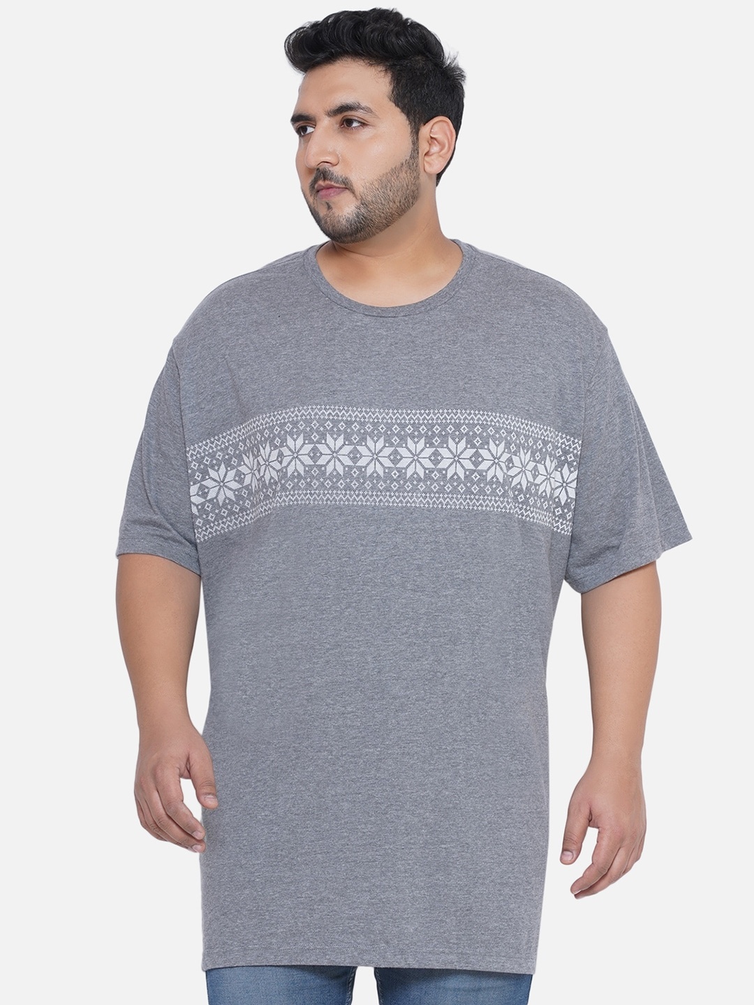 Santonio Plus Size Graphic Printed Pure Cotton T-Shirt, Grey