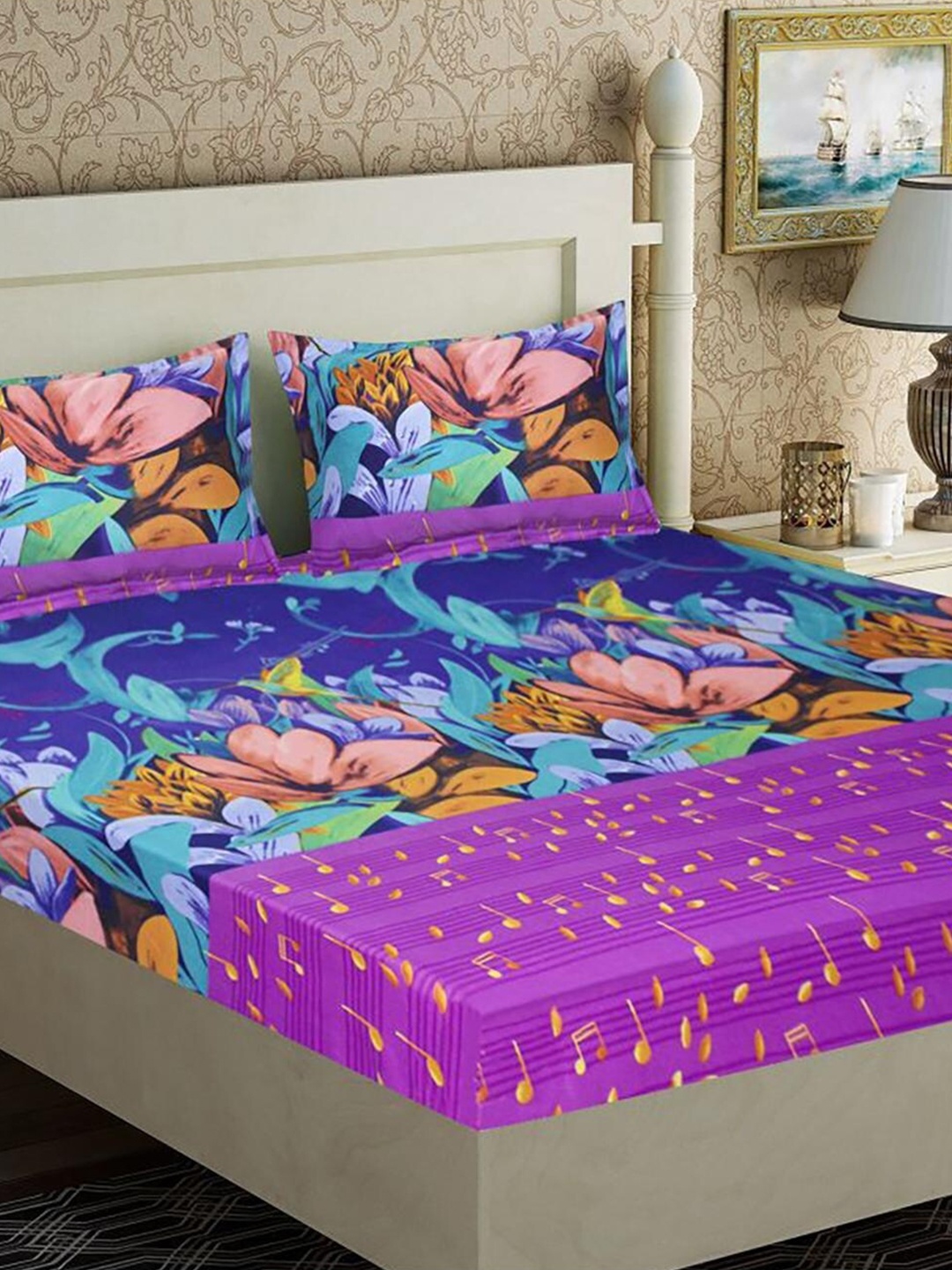 HOMETALES Purple & Blue Floral Microfiber 110 TC Queen Bedsheet with 2 Pillow Covers
HOMETALES Purple & Blue Floral Microfiber 110 TC Queen Bedsheet with 2 Pillow Covers