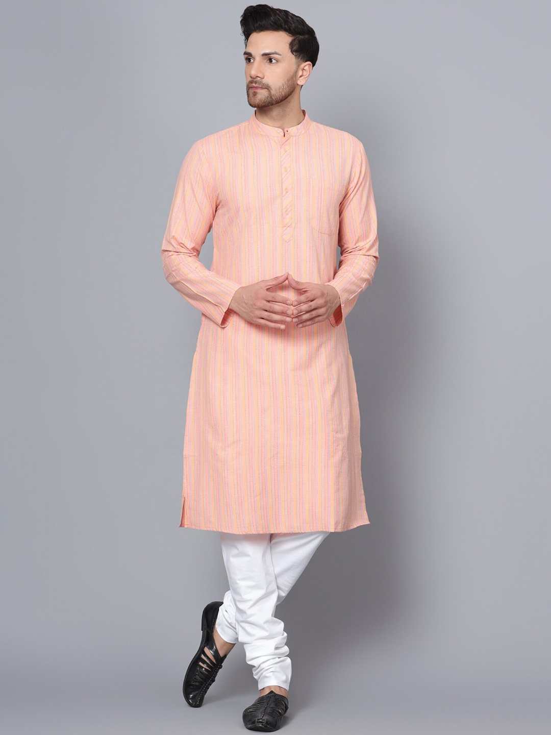 Latest Chikan Garments Vertical Striped Mandarin Collar Pure Cotton Kurta, Peach
Latest Chikan Garments Vertical Striped Mandarin Collar Pure Cotton Kurta, Peach
