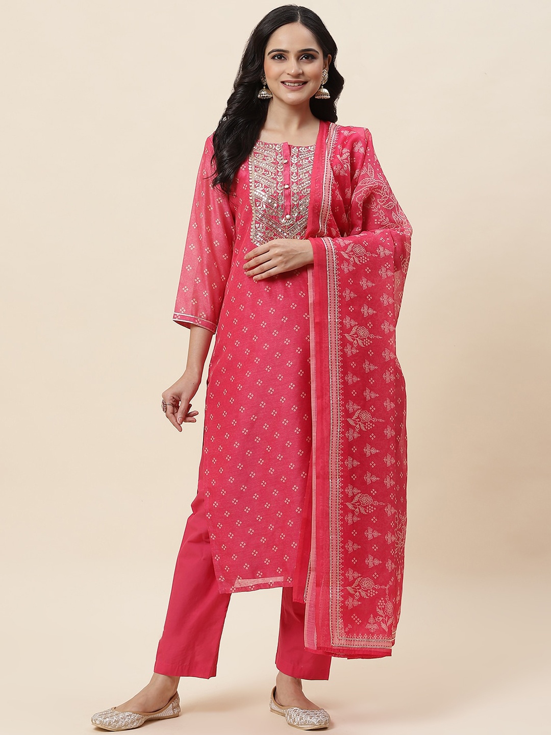 Meena Bazaar Bandhani Printed Thread Work Straight Kurta & Trousers With Dupatta, Pink
Meena Bazaar Bandhani Printed Thread Work Straight Kurta & Trousers With Dupatta, Pink