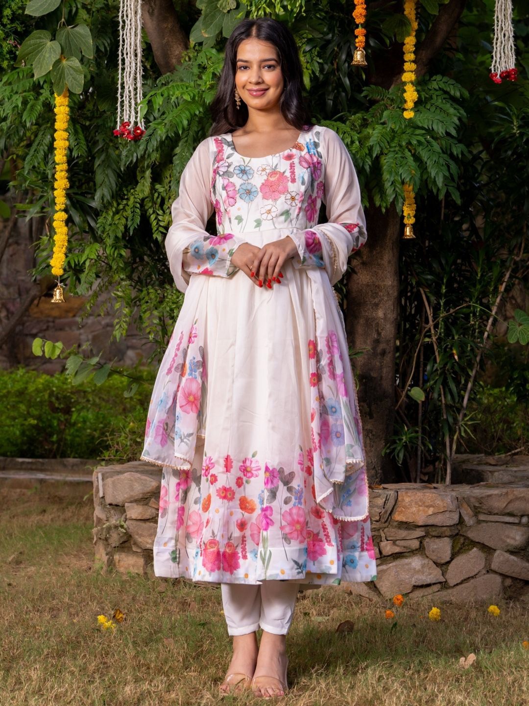 HOUSE OF JAMOTI Floral Printed Beads Detail Anarkali Kurta with Trousers & Dupatta, White
HOUSE OF JAMOTI Floral Printed Beads Detail Anarkali Kurta with Trousers & Dupatta, White