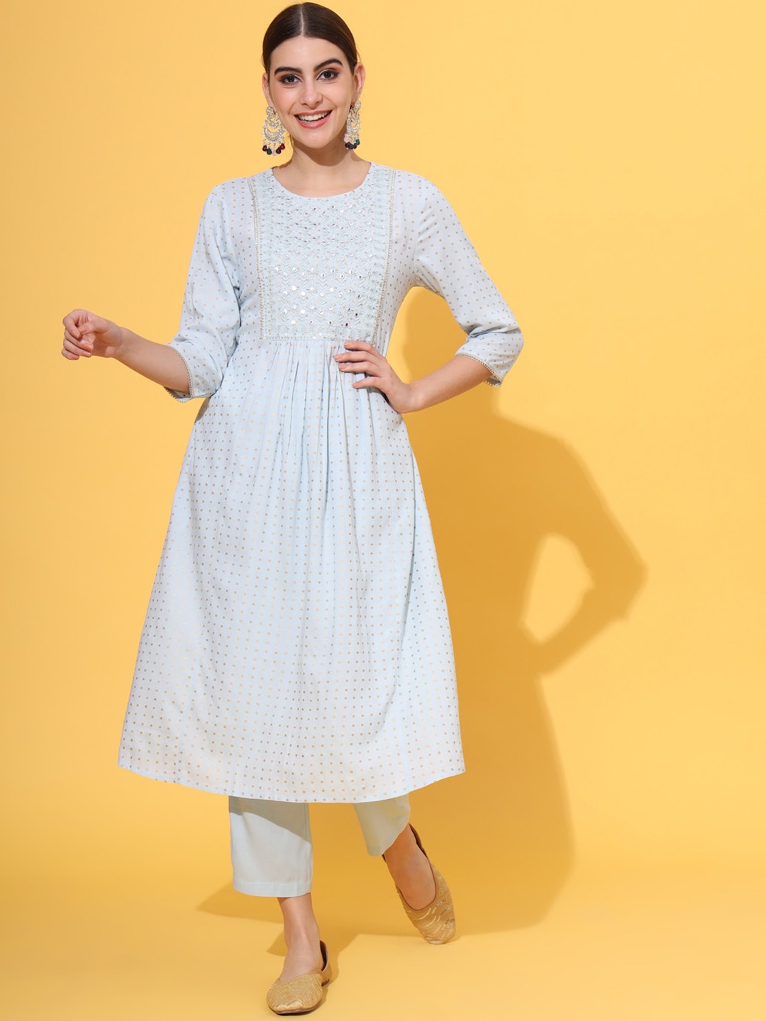 Sutidora Geometric Printed Empire Mirror Work A-Line Kurta with Trousers, Turquoise blue
Sutidora Geometric Printed Empire Mirror Work A-Line Kurta with Trousers, Turquoise blue