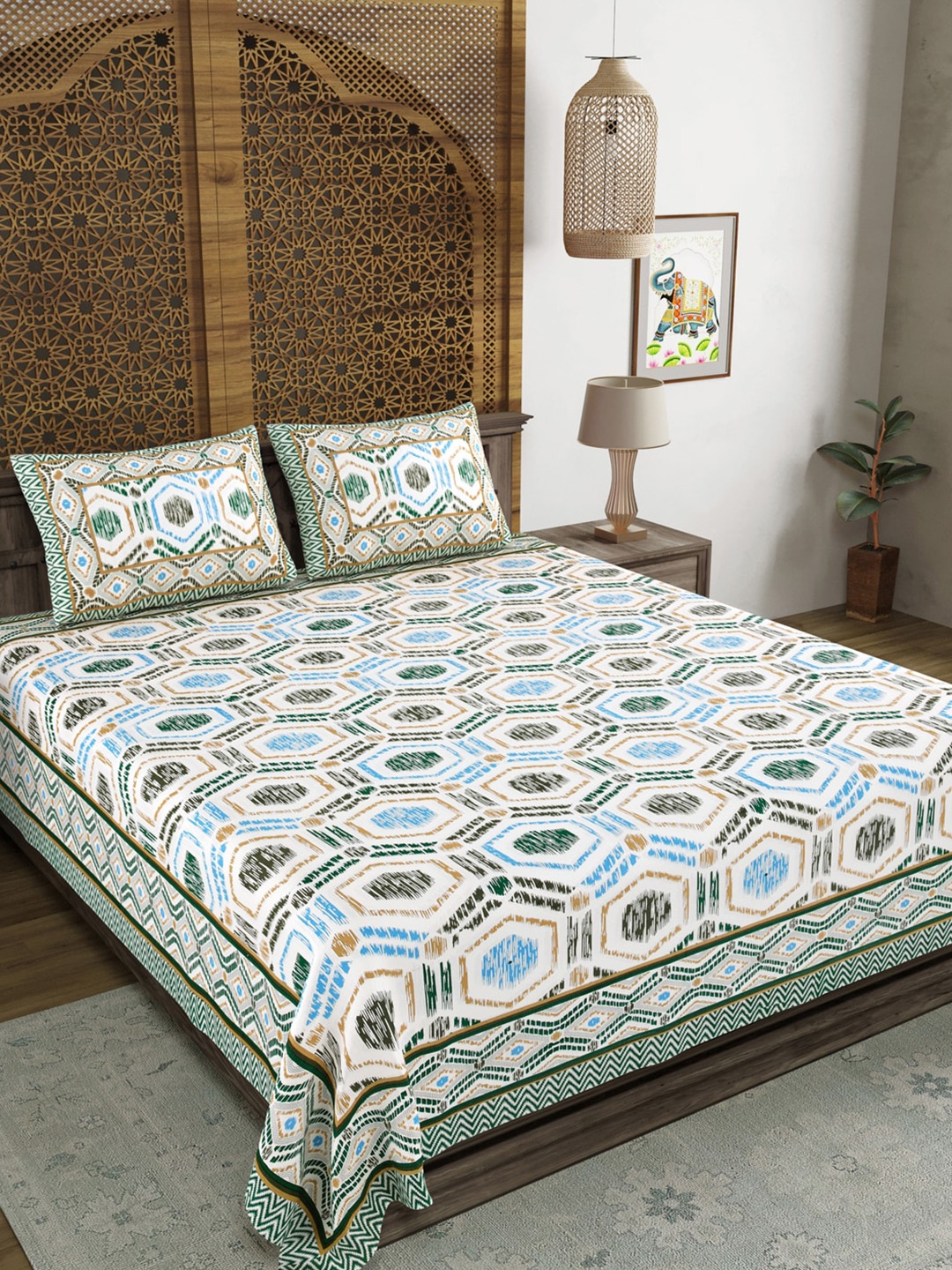 BLOCKS OF INDIA Green & White Geometric Cotton 210 TC King Bedsheet & 2 Pillow Covers
BLOCKS OF INDIA Green & White Geometric Cotton 210 TC King Bedsheet & 2 Pillow Covers