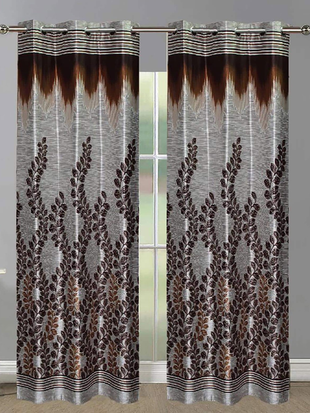 HOMETALES Brown & Grey 2 Pieces Floral Long Door Curtains