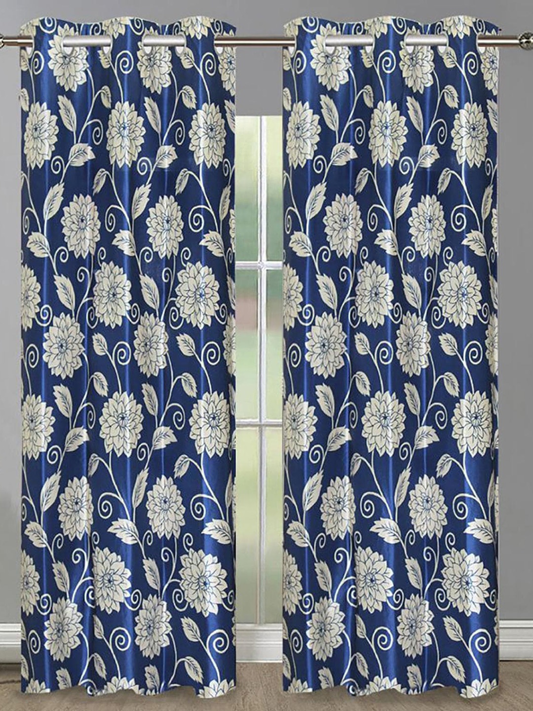 HOMETALES Blue & White 2 Pieces Floral Semi Transparent Long Door Curtains