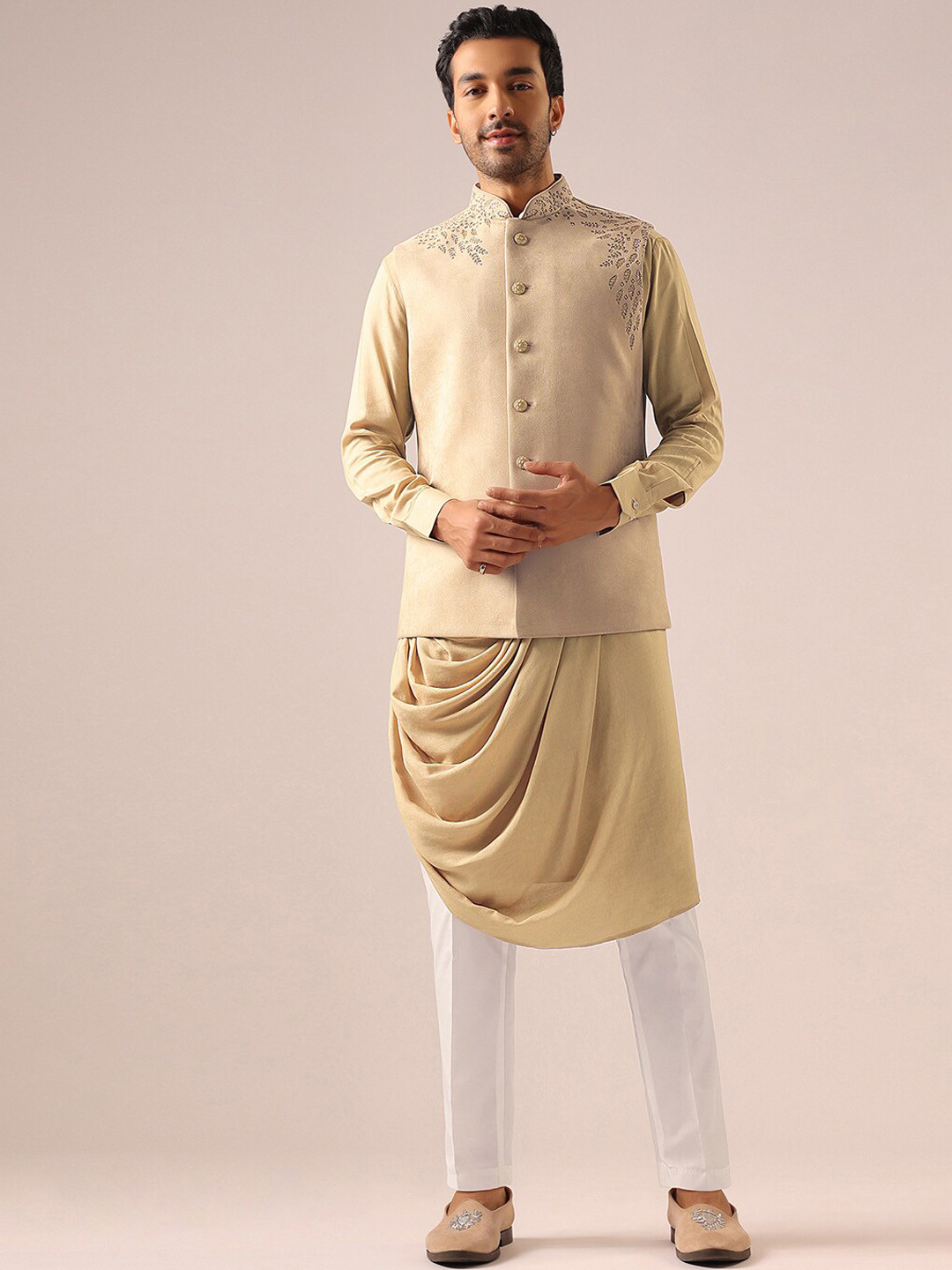KALKI Fashion Mandarin Collar Pleated Straight Kurta & Trousers With Nehru jacket, Beige
KALKI Fashion Mandarin Collar Pleated Straight Kurta & Trousers With Nehru jacket, Beige