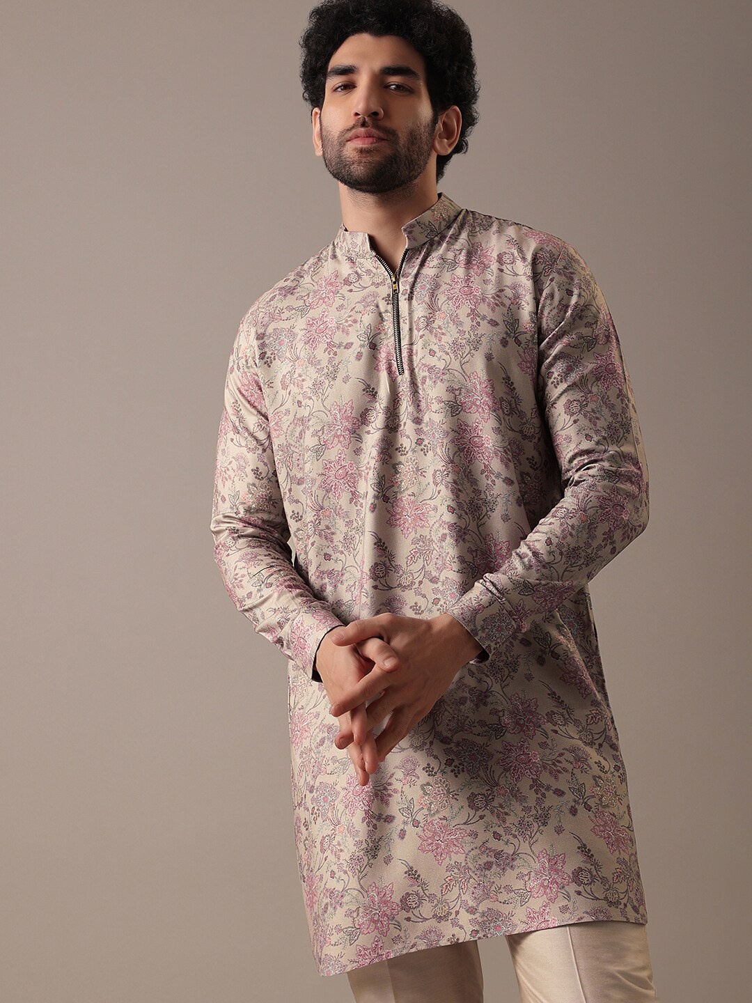 KALKI Fashion Floral Printed Mandarin Collar Kurta With Trousers, Purple