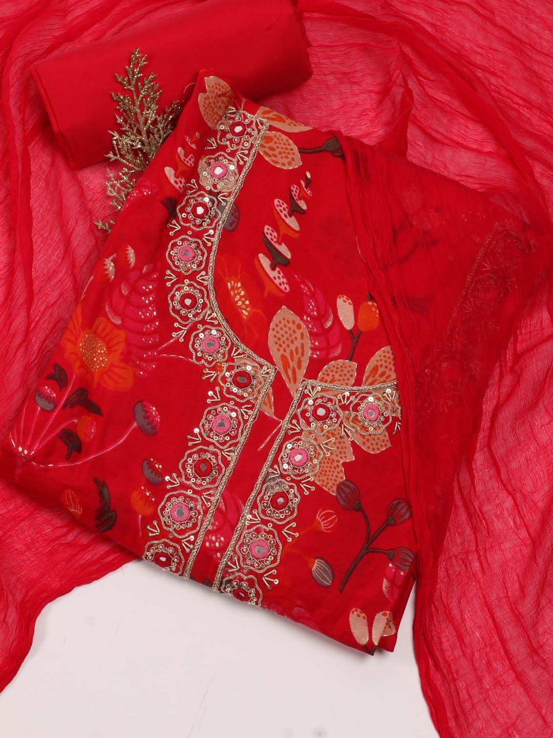 Meena Bazaar Floral Printed Sequinned Unstitched Dress Material, Red