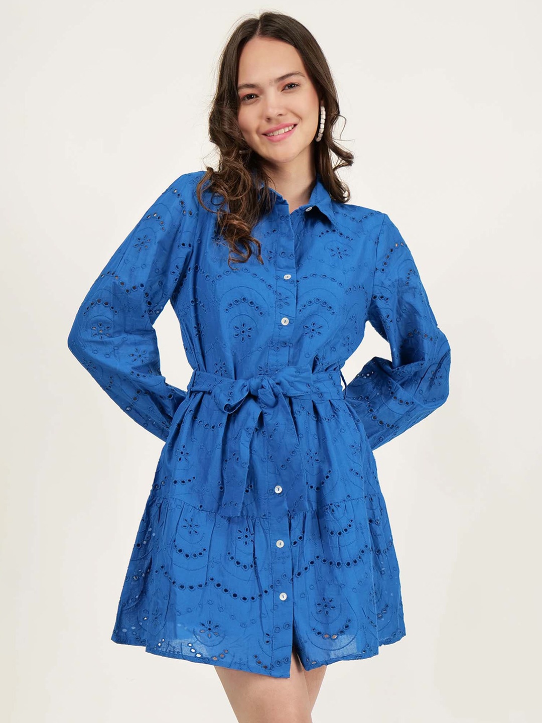 DRIRO Self Design Shirt Collar Puff Sleeves Pure Cotton Schiffli Tie-Up Shirt Dress, Blue
DRIRO Self Design Shirt Collar Puff Sleeves Pure Cotton Schiffli Tie-Up Shirt Dress, Blue