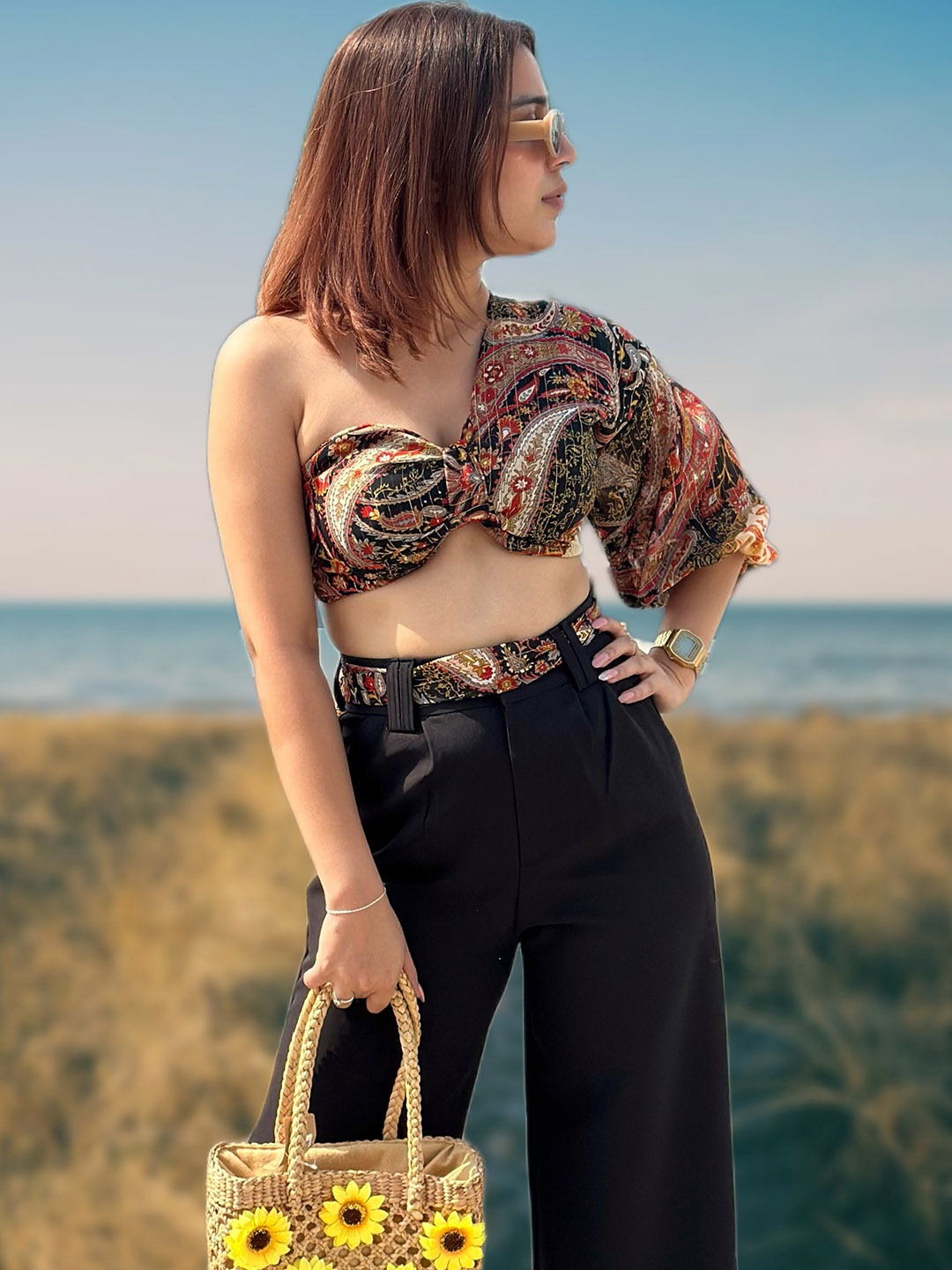StyleAsh Printed One Shoulder Co-Ords, Black