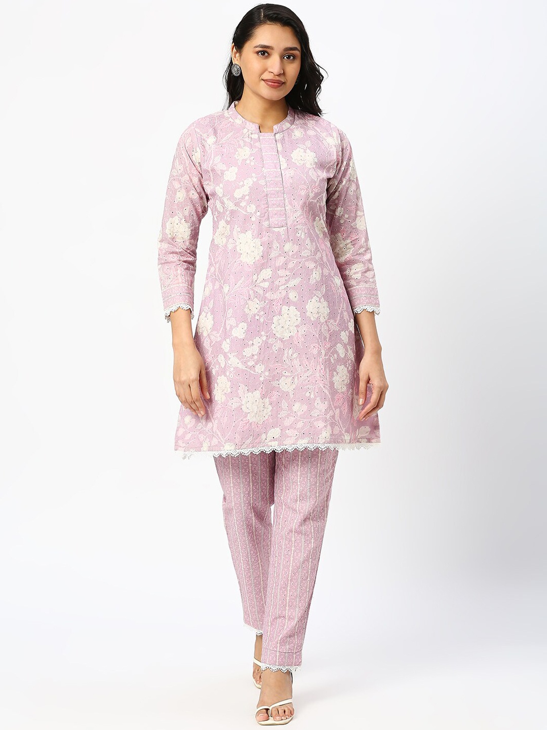 DRESSLINE Floral Printed Kurta With Trouser, Lavender