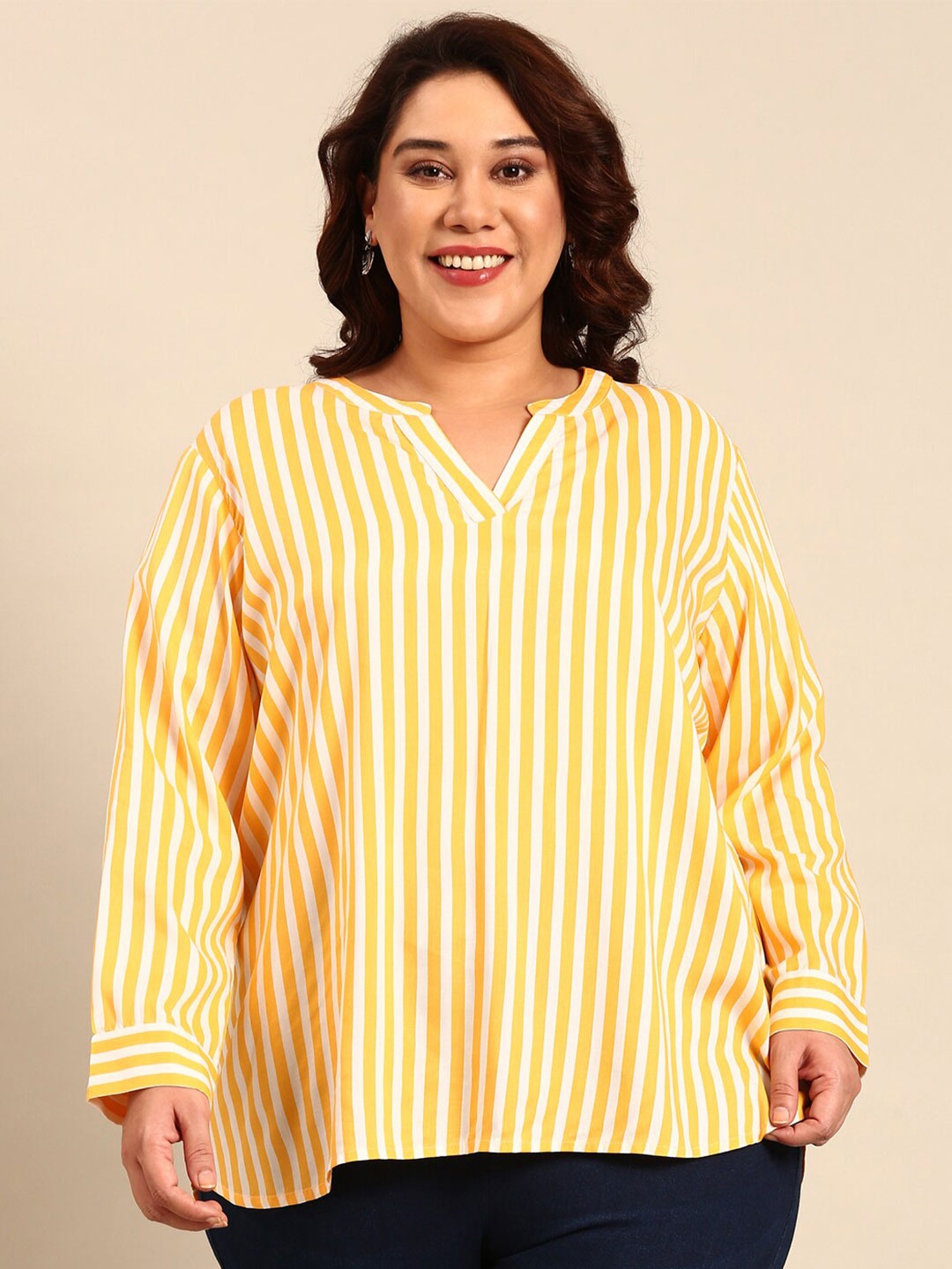 The Pink Moon Plus Size Vertical Striped Mandarin Collar Cuffed Sleeve Regular Top, White
The Pink Moon Plus Size Vertical Striped Mandarin Collar Cuffed Sleeve Regular Top, White