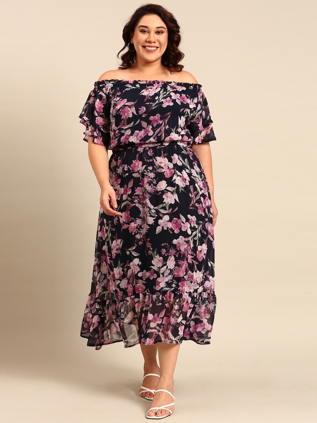 The Pink Moon Plus Size Floral Printed Off-Shoulder Gathered A-Line Midi Dress, Navy blue
The Pink Moon Plus Size Floral Printed Off-Shoulder Gathered A-Line Midi Dress, Navy blue