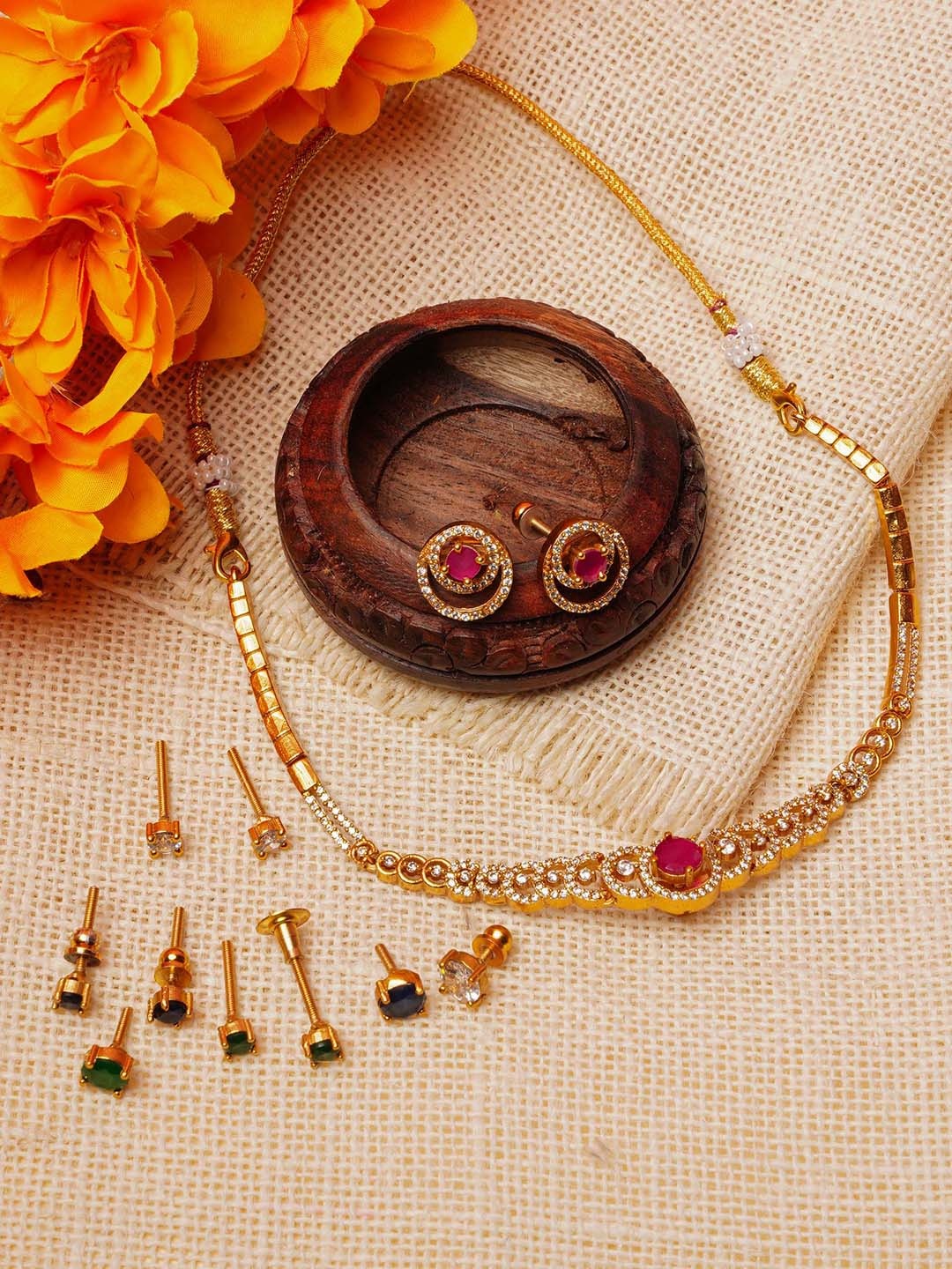 GRIIHAM Gold-Plated American Diamond Studded Jewellery Set With 3 Interchangeable Stones
GRIIHAM Gold-Plated American Diamond Studded Jewellery Set With 3 Interchangeable Stones