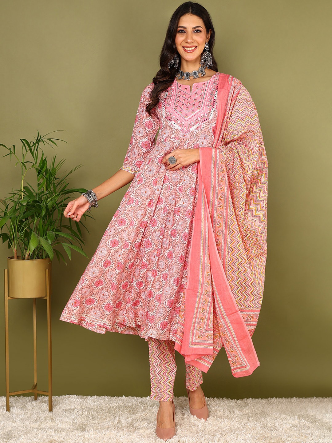 AHIKA Floral Printed Mirror Work Pure Cotton Anarkali Kurta with Trousers & Dupatta, Pink
AHIKA Floral Printed Mirror Work Pure Cotton Anarkali Kurta with Trousers & Dupatta, Pink