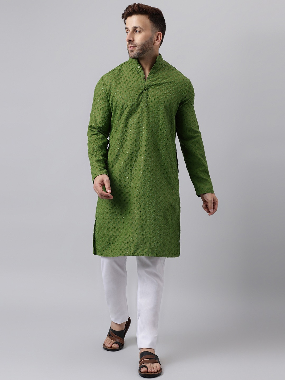 Hangup Ethnic Motifs Embroidered Mirror Work Kurta With Pyjamas, Green