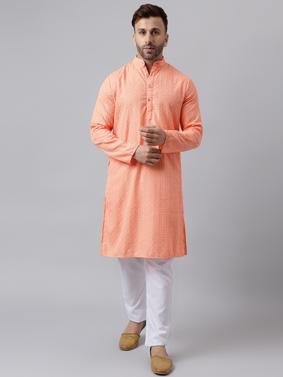 Hangup Ethnic Motifs Embroidered Thread Work Kurta With Trousers, Peach