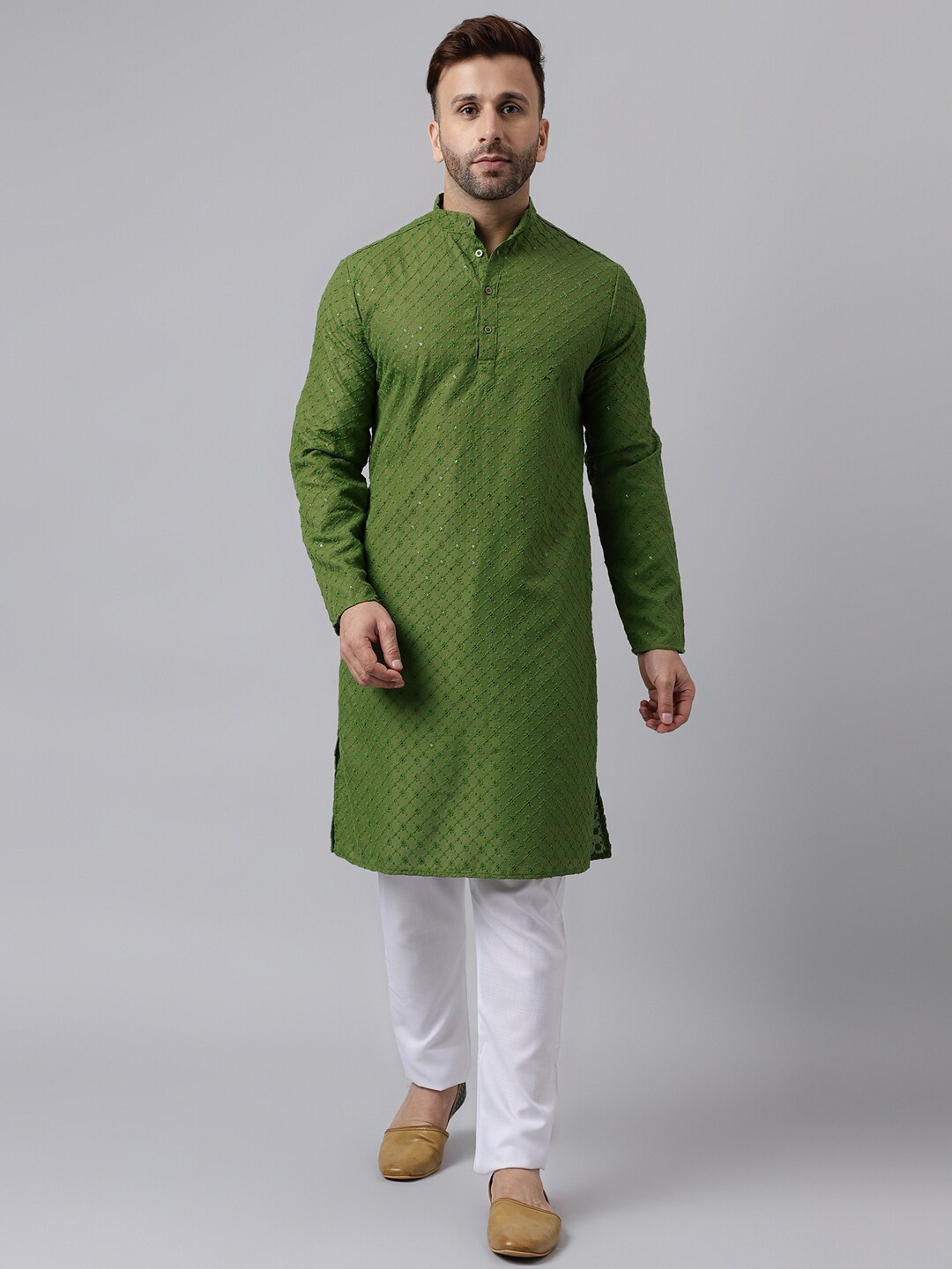Vgyaan Ethnic Motifs Embroidered Regular Straight Kurta with Pyjamas, Green