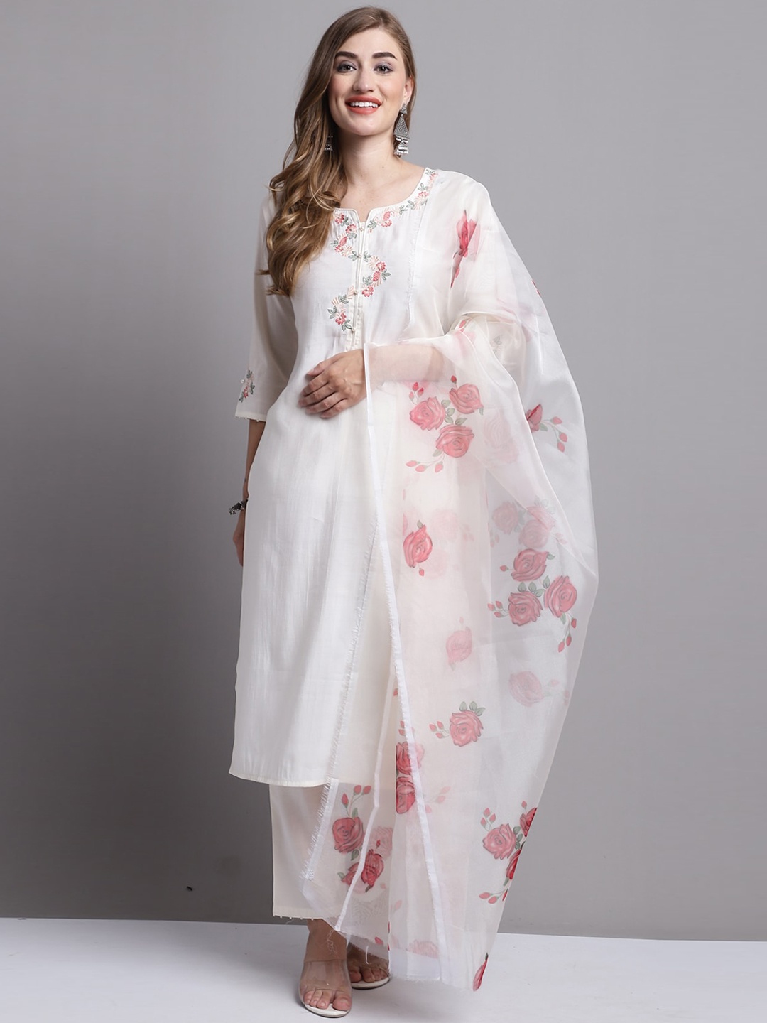 Rajnandini Floral Yoke Design Regular Thread Work Kurta With Trousers & Dupatta, White
Rajnandini Floral Yoke Design Regular Thread Work Kurta With Trousers & Dupatta, White