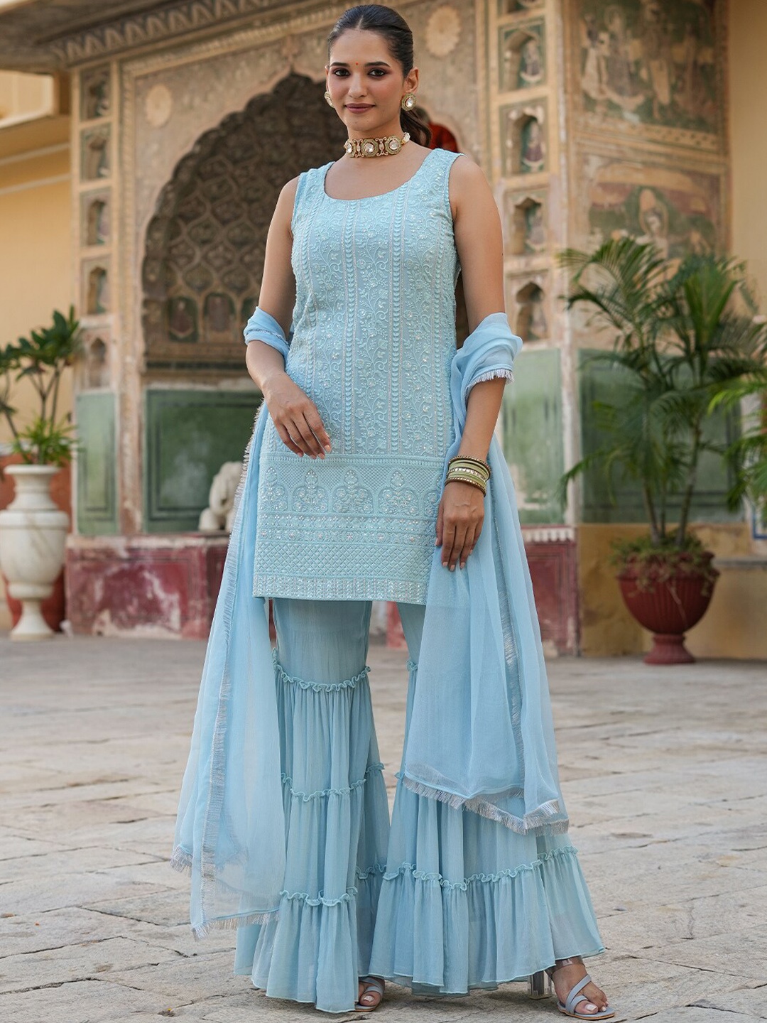 EverBloom Ethnic Motifs Embroidered Thread Work Kurti & Sharara With Dupatta, Sea green
EverBloom Ethnic Motifs Embroidered Thread Work Kurti & Sharara With Dupatta, Sea green
