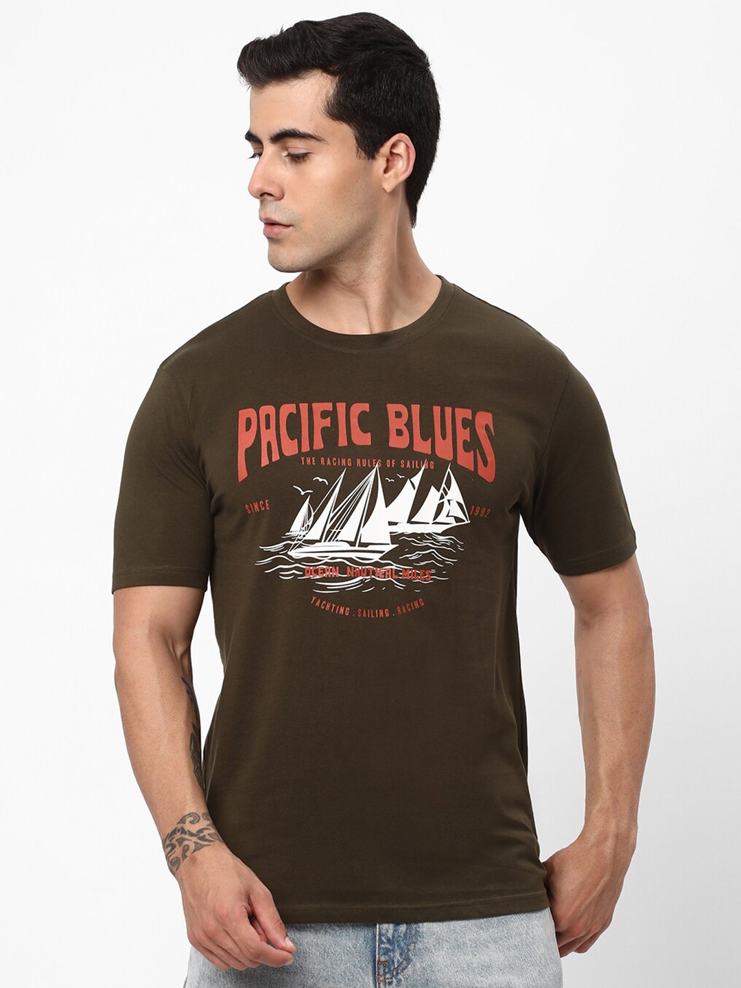 R&B Typography Printed Cotton T-shirt, Olive