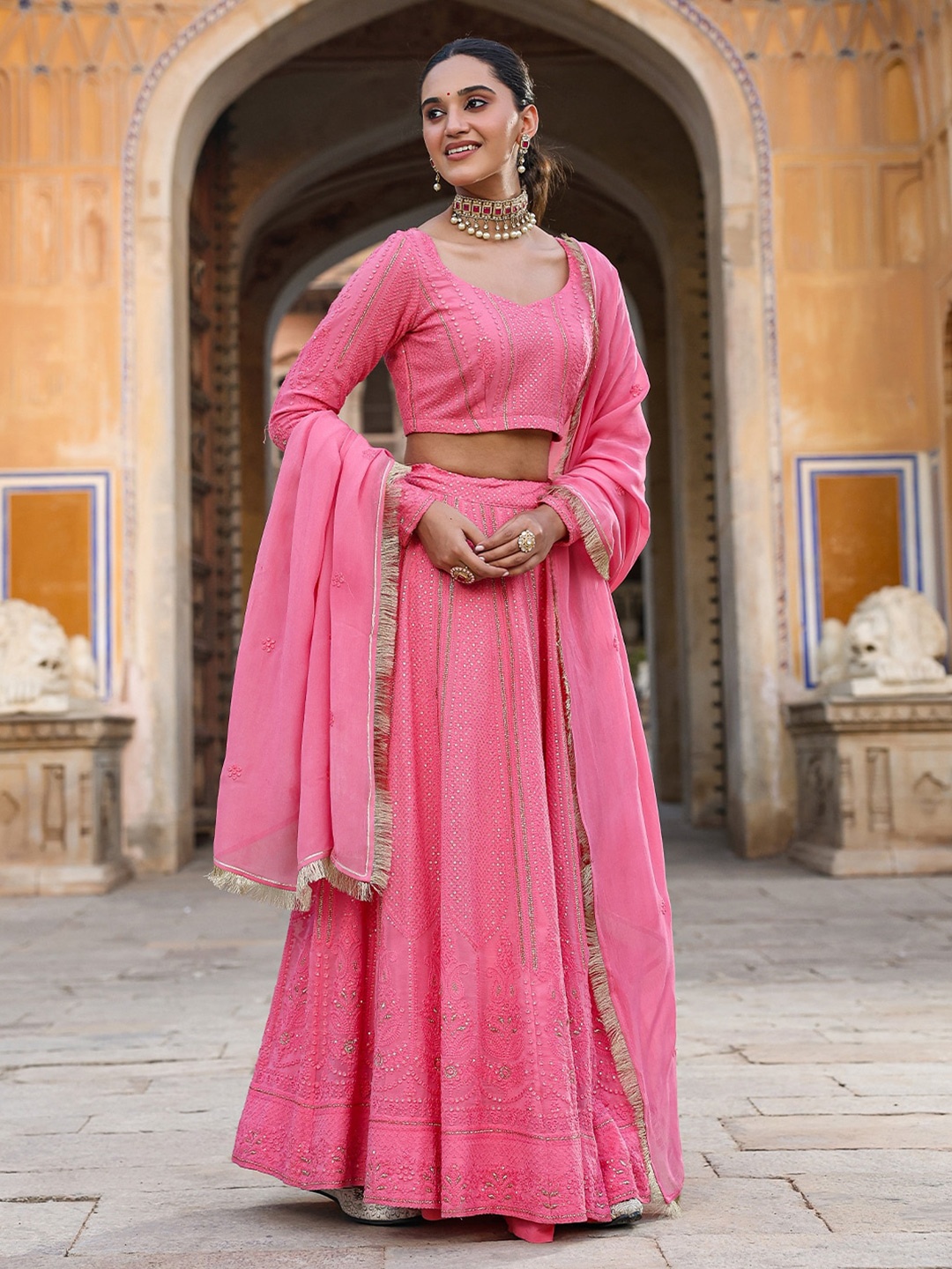 EverBloom Ethnic Motifs Embroidered Ready to Wear Lehenga & Blouse With Dupatta, Pink
EverBloom Ethnic Motifs Embroidered Ready to Wear Lehenga & Blouse With Dupatta, Pink