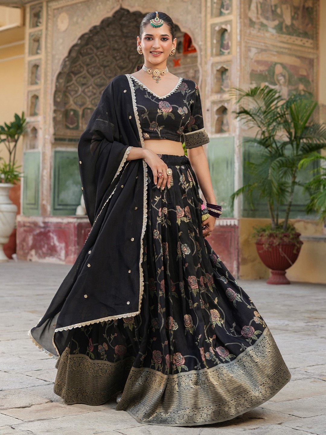 EverBloom Ethnic Motifs Woven Design Ready to Wear Lehenga & Blouse With Dupatta, Black
EverBloom Ethnic Motifs Woven Design Ready to Wear Lehenga & Blouse With Dupatta, Black