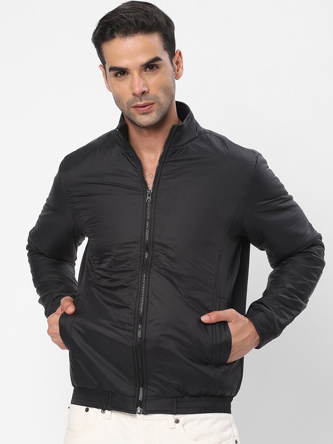 R&B Stand Collar Bomber Jacket, Black