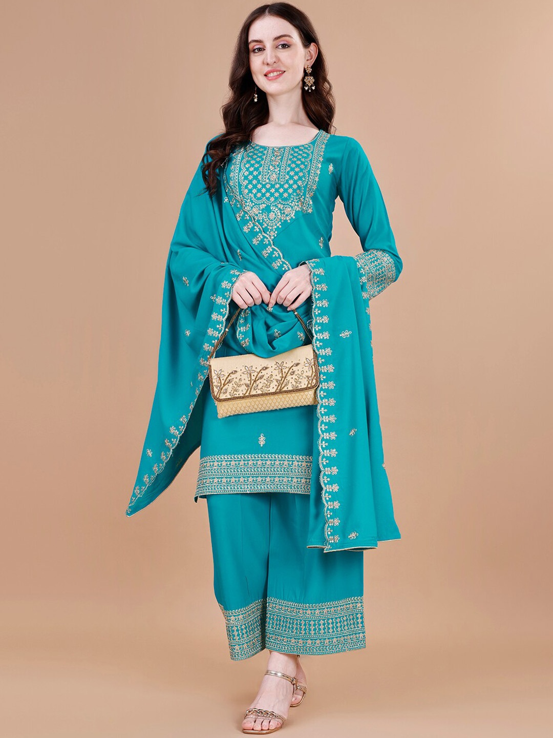 KALINI Ethnic Motifs Embroidered Sequinned Kurta With Trousers & Dupatta, Teal
KALINI Ethnic Motifs Embroidered Sequinned Kurta With Trousers & Dupatta, Teal