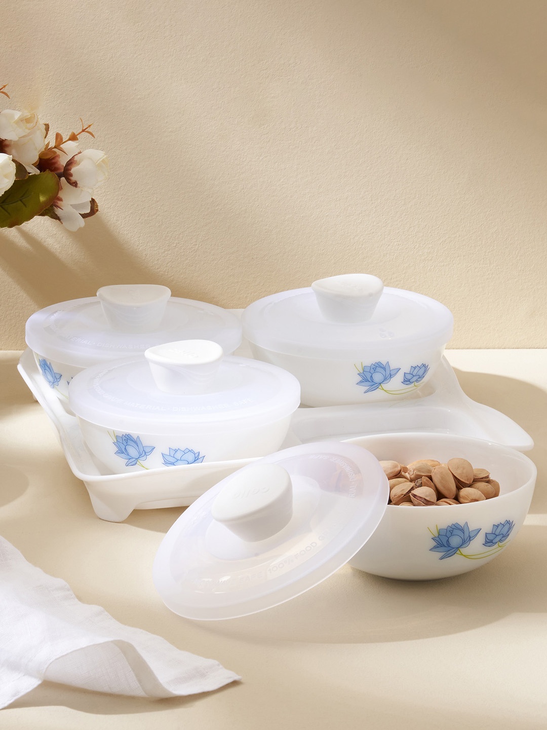 Home Centre Velox White & Blue 4 Pieces Printed Dry Fruit Bowls With Lids & Tray 290ml
Home Centre Velox White & Blue 4 Pieces Printed Dry Fruit Bowls With Lids & Tray 290ml