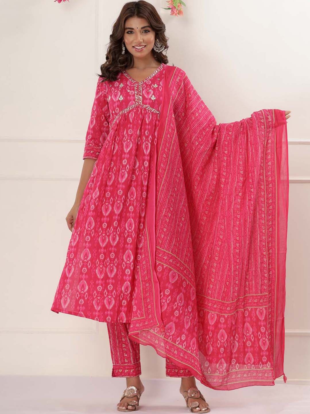Meena Bazaar Floral Printed Pleated Thread Work Kurta With Trousers & Dupatta, Pink
Meena Bazaar Floral Printed Pleated Thread Work Kurta With Trousers & Dupatta, Pink