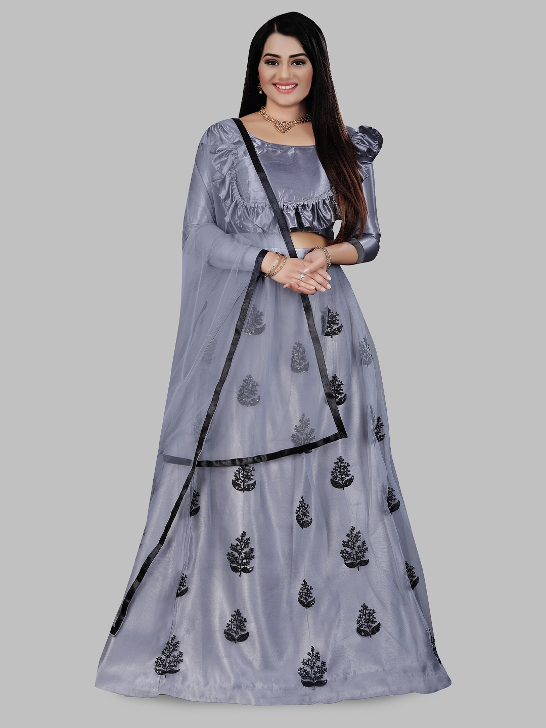N N ENTERPRISE Embroidered Semi-Stitched Lehenga & Unstitched Blouse With Dupatta, Grey
N N ENTERPRISE Embroidered Semi-Stitched Lehenga & Unstitched Blouse With Dupatta, Grey