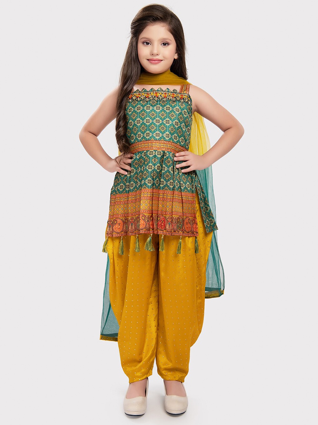 Tiny Kingdom Printed Kurta With Dhoti Pant & Dupatta, Yellow