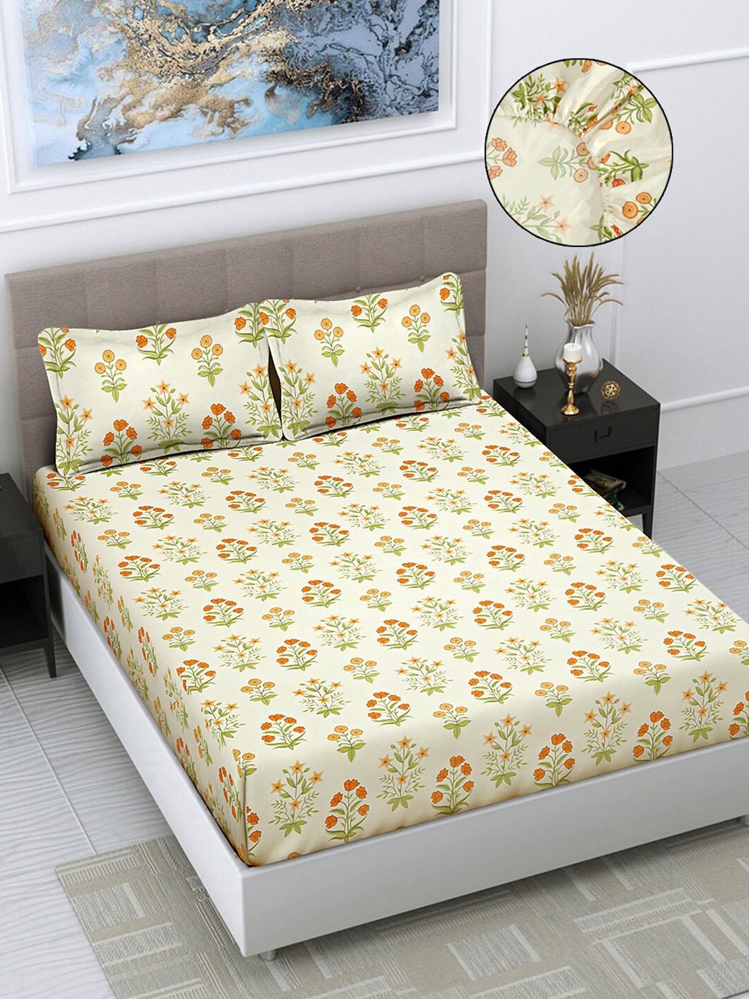 FABINALIV Yellow Floral Polycotton 300 TC Fitted Super King Bedsheet & 2 Pillow Covers
FABINALIV Yellow Floral Polycotton 300 TC Fitted Super King Bedsheet & 2 Pillow Covers