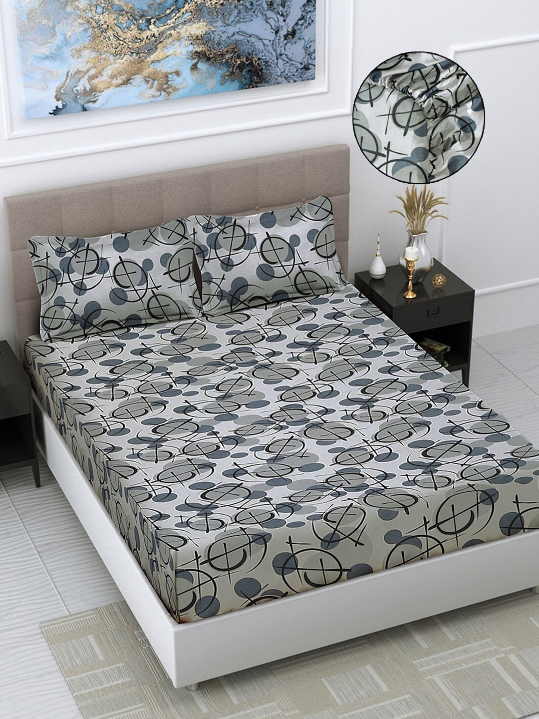 FABINALIV Grey & White Geometric 300 TC Fitted Super King Bedsheet with 2 Pillow Covers
FABINALIV Grey & White Geometric 300 TC Fitted Super King Bedsheet with 2 Pillow Covers