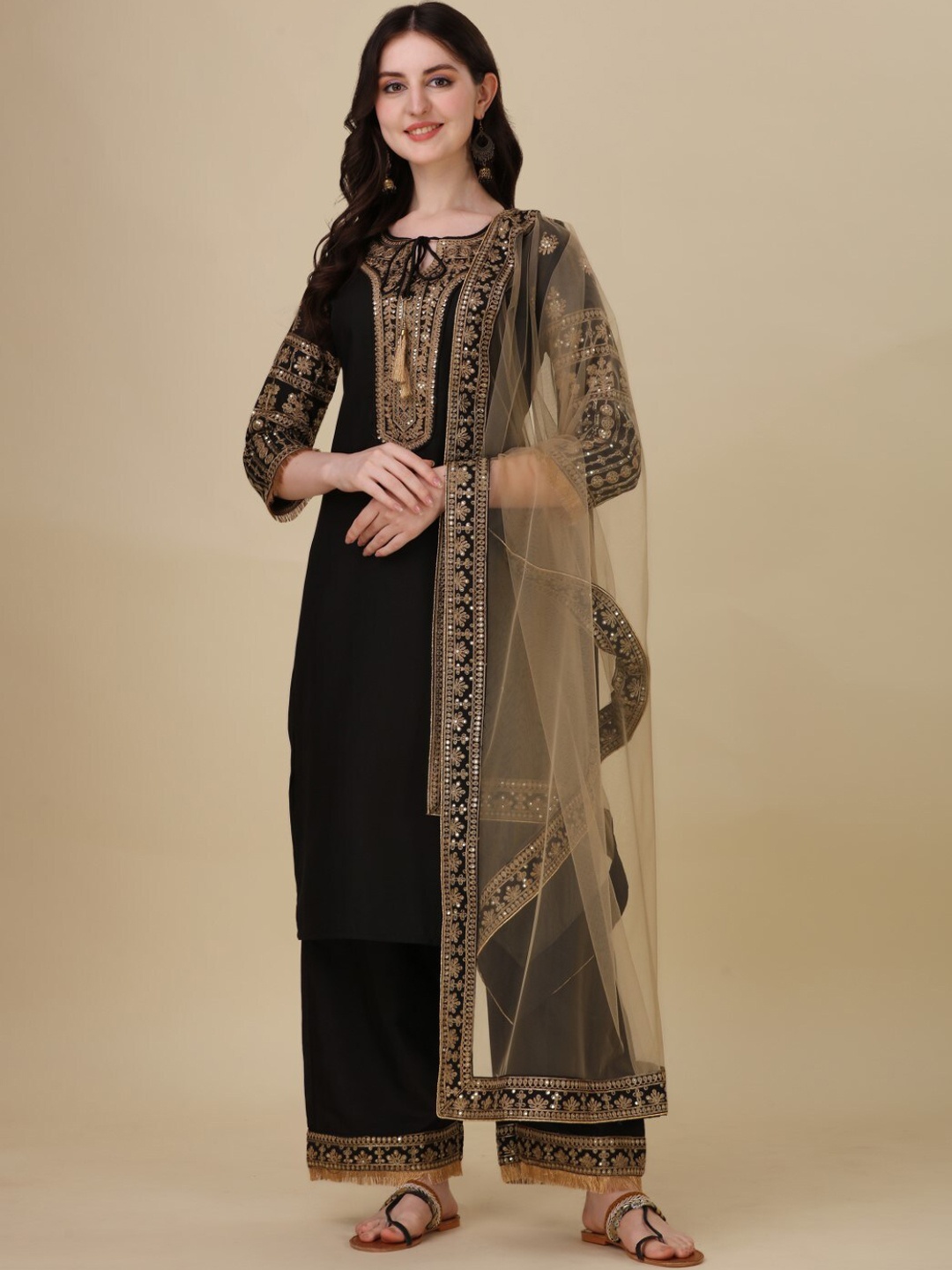 Modestouze Attires Ethnic Motifs Yoke Design Sequinned Kurta With Palazzos & Dupatta, Black
Modestouze Attires Ethnic Motifs Yoke Design Sequinned Kurta With Palazzos & Dupatta, Black