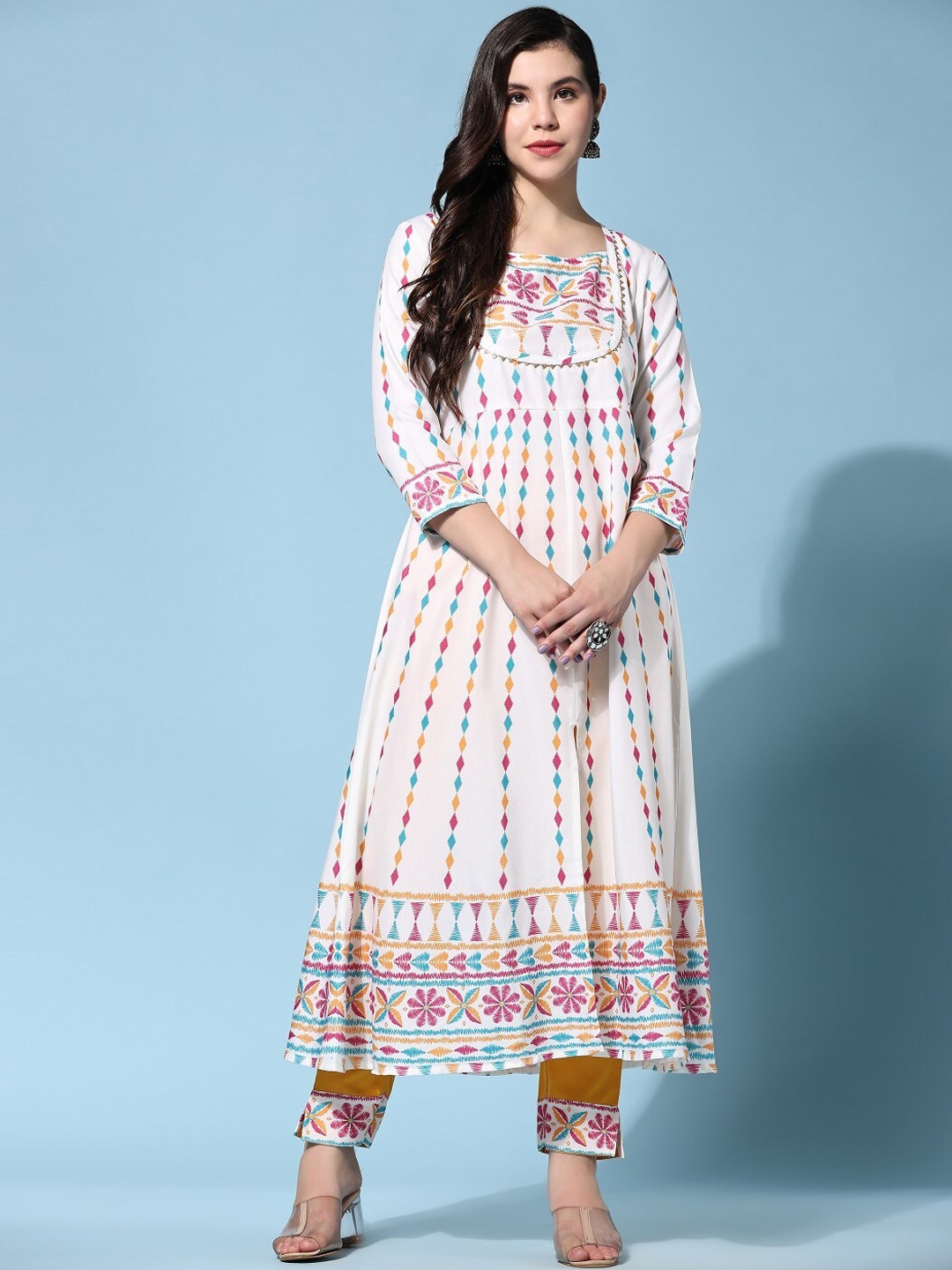 Modestouze Attires Geometric Printed Gotta Patti Detail Anarkali Kurta with Trousers, White
Modestouze Attires Geometric Printed Gotta Patti Detail Anarkali Kurta with Trousers, White